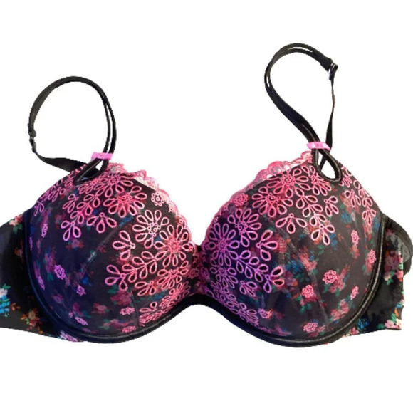 Victoria's Secret Sexy Little Things Black Floral Pink Embroidered Lace Bra, 38D - Picture 4 of 8